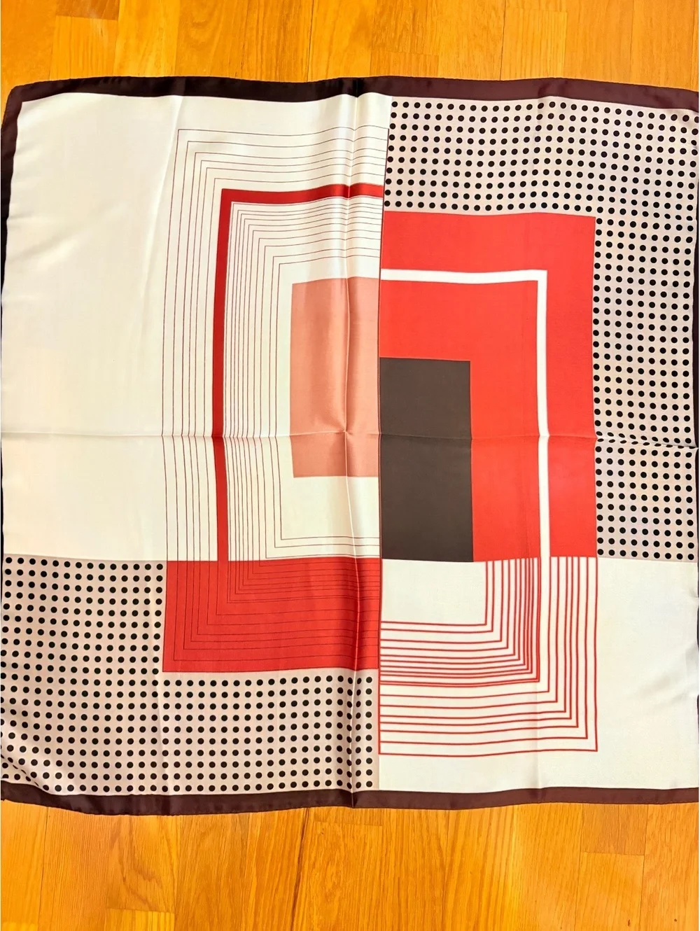 Elegant Geometric Pattern Scarf in Red, White, Brown, and Black – Lightweight,